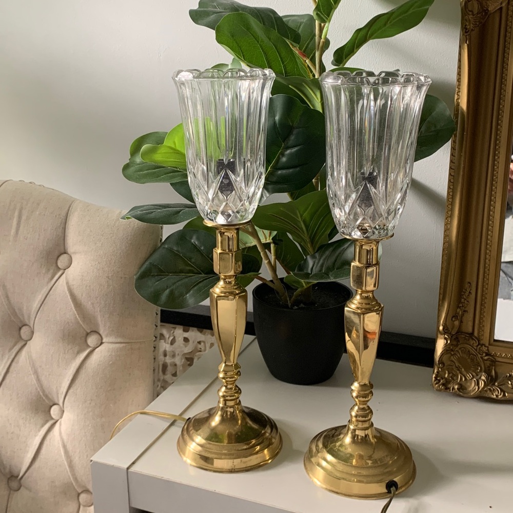 Set of 2 brass Chrystal table lamps tall gold home decor vintage traditional